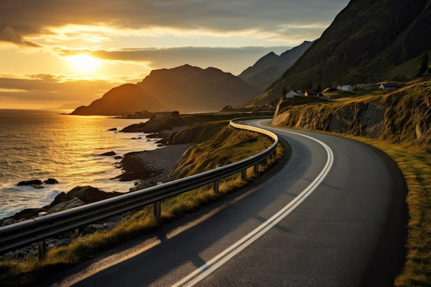 Vista de la carretera junto al mar con la montaña al amanecer en el fondo