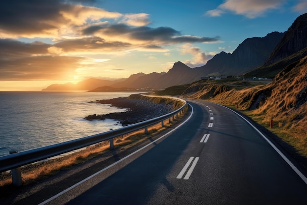 Vista de la carretera junto al mar con la montaña al amanecer en el fondo