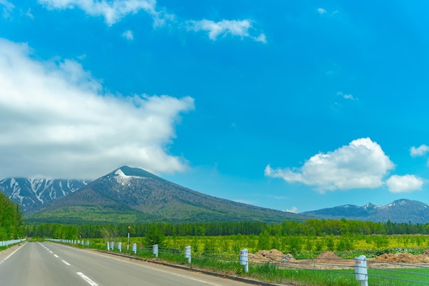 Vista de la carretera rural en verano en la ciudad de Biei ubicada en la subprefectura de Kamikawa Hokkaido Japón