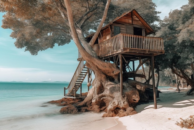 Foto vista de la casa del árbol con hermosa playa generativa ai