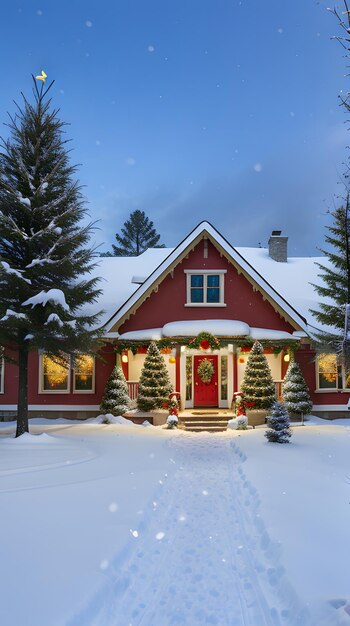 Vista de una casa con árbol de Navidad y decoración navideña.