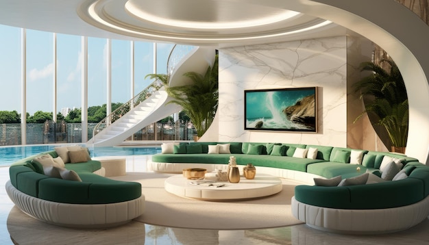 Vista de la casa ecológica estética Un sofá minimalista de estilo curvo cubierto de tela fina y un televisor inteligente en las paredes de crema Inspiración para conceptos de habitaciones ecológicas