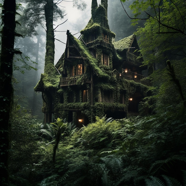 Vista de la casa hecha de vegetación en el bosque.