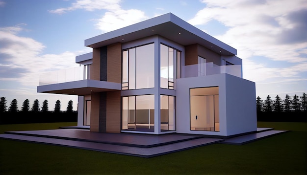 vista de casa mínima blanca de lujo render 3d