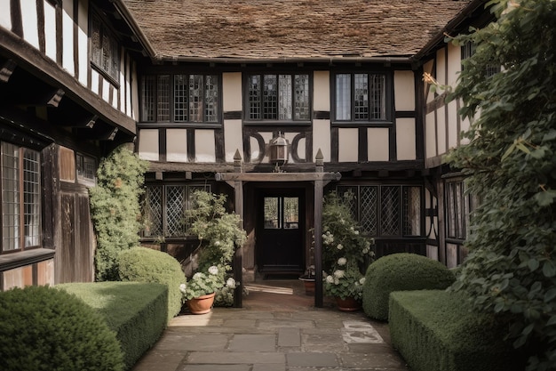 Vista de la casa tudor con la puerta delantera abierta dando la bienvenida a los visitantes a entrar creado con ai generativo