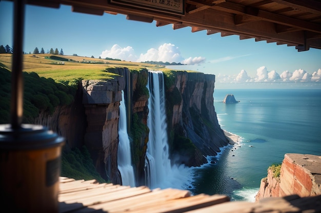 Una vista de una cascada desde un balcón