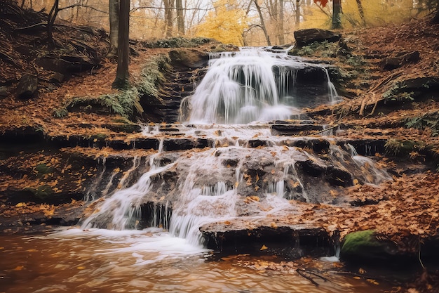 Vista de la cascada en el bosque que contiene todos los colores del otoño