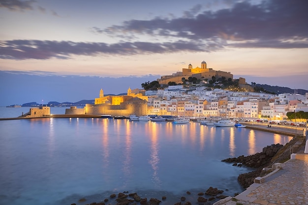 Vista de la Catedral y Dalt Vila desde el puerto al anochecer Patrimonio de la Humanidad de la UNESCO Ciudad de Ibiza Eivissa Islas Baleares España Europa mediterránea