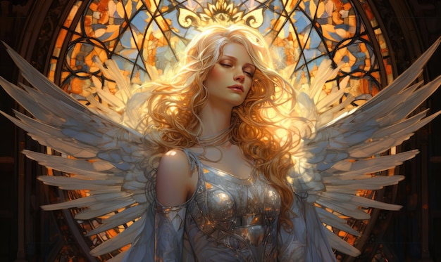 Una vista celestial, un ángel femenino, con gracia, extiende sus alas diseñadas