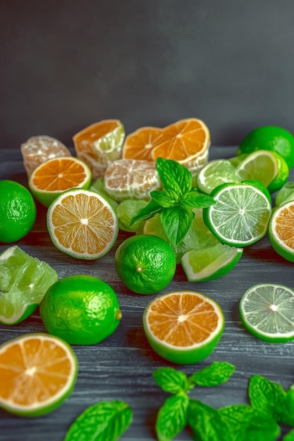 Vista cenital de un bol de bamia bil laymon con limones y mandarinas frescas