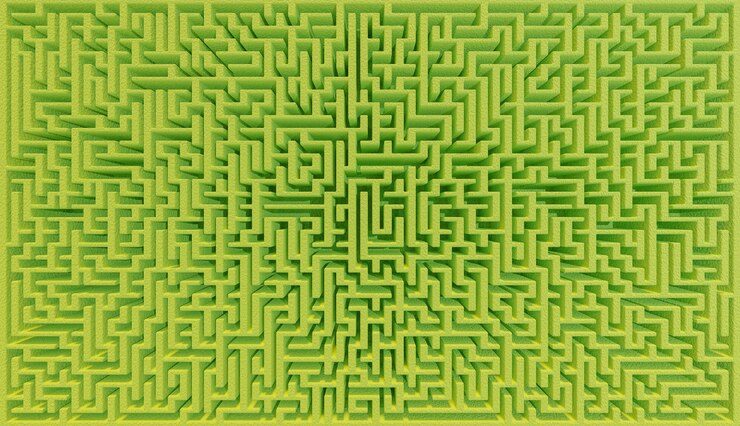 Foto vista cenital de un laberinto de arbustos verdes muy grande con efecto de lente gran angular. ilustración 3d