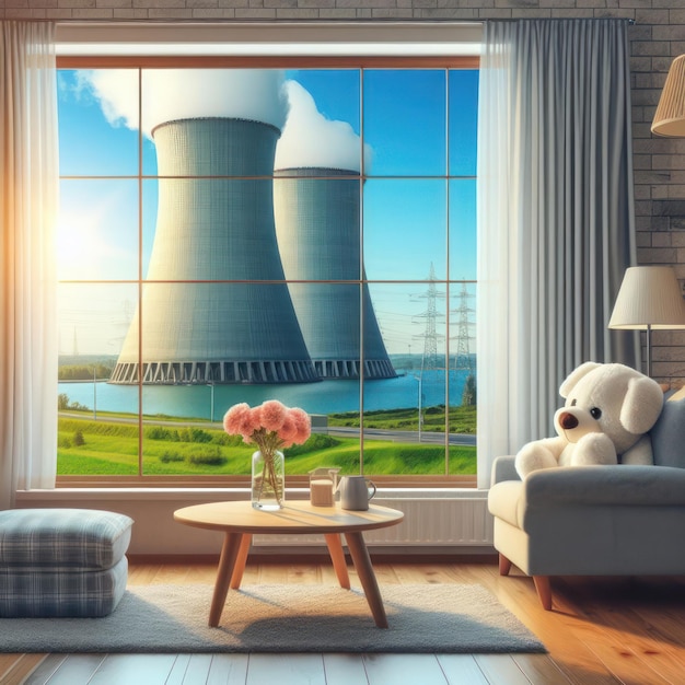 Vista de una central nuclear desde la ventana de un edificio residencial