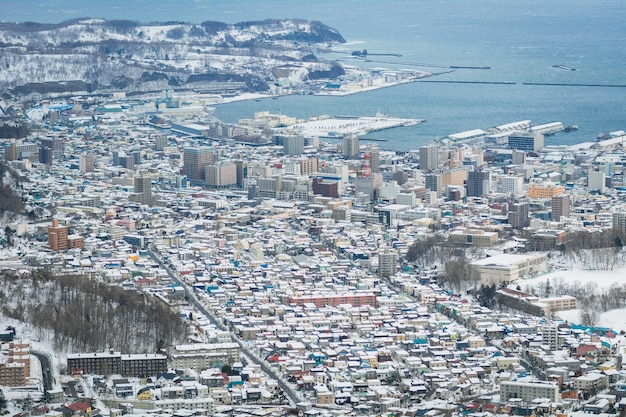 Foto vista del centro de la ciudad de otaru en invierno desde la parte superior del teleférico otaru tenguyama hokkaido, japón