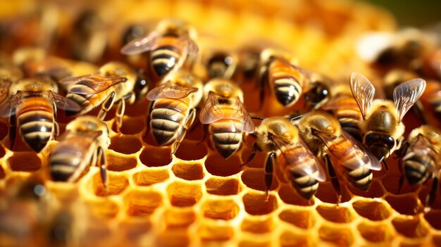 Foto vista de cerca de las abejas que trabajan en las células de miel la miel es un producto saludable de la apicultura