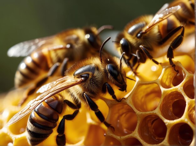 Vista de cerca de las abejas que trabajan en las células de miel