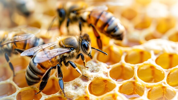 Vista de cerca de las abejas que trabajan en los honeycells