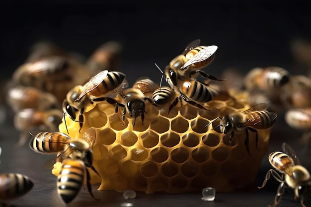 Vista de cerca de las abejas trabajadoras en el panal con miel dulce Concepto de apicultura