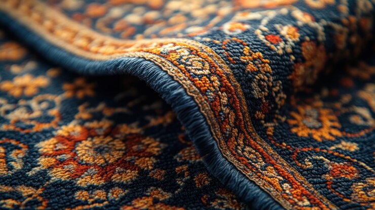 Vista de cerca de una alfombra doblada ricamente estampada con detalles intrincados en colores beige naranja y azul marino