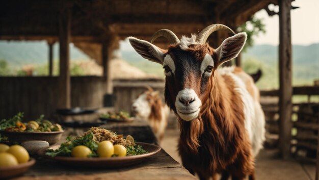 Vista de cerca de un animal doméstico de cabra comiendo hierba en una granja