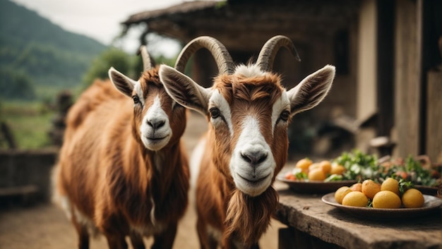 Vista de cerca de un animal doméstico de cabra comiendo hierba en una granja