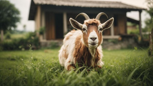 Vista de cerca de un animal doméstico de cabra comiendo hierba en una granja