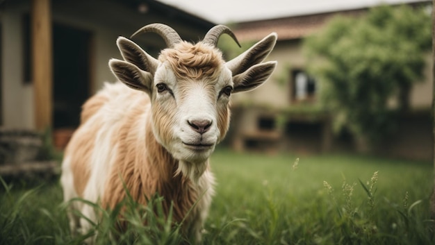 Vista de cerca de un animal doméstico de cabra comiendo hierba en una granja
