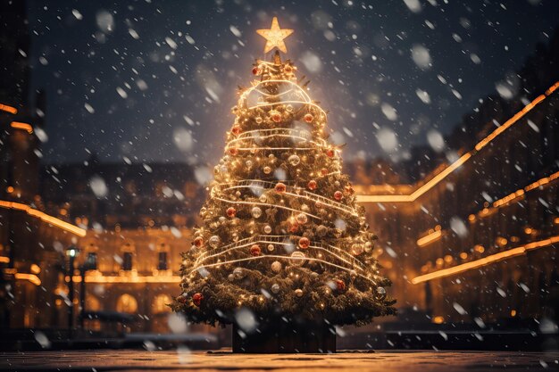 vista de cerca de un árbol de Navidad en una plaza de Europa con muchas guirnaldas iluminadas nevando festivo.