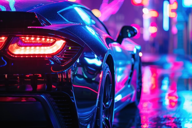 Vista de cerca de un automóvil deportivo genérico y sin marca iluminado por una luz colorida