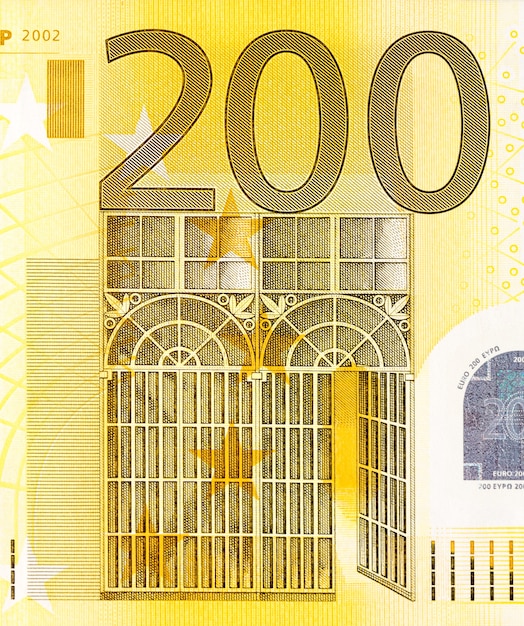 Vista de cerca del billete de doscientos euros. Foto de alta resolución.