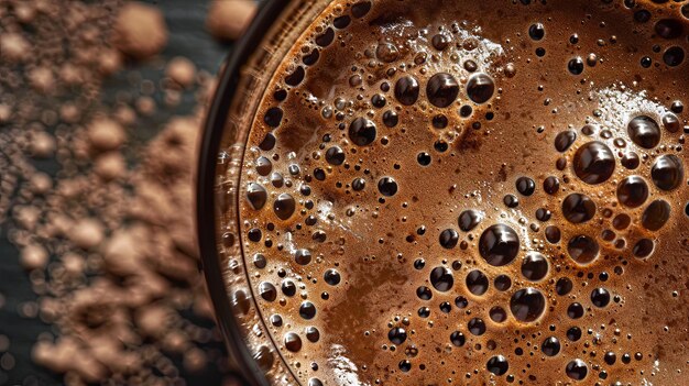 Vista de cerca de las burbujas y la espuma de café recién elaborado