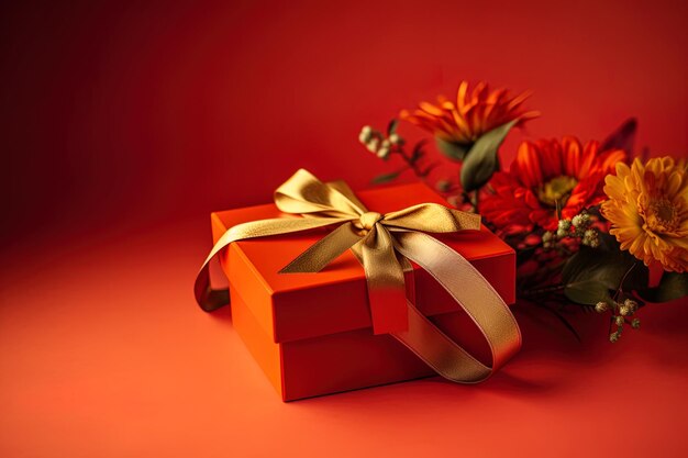 Vista de cerca con caja de regalo roja de moda y flores frescas de colores y ambiente romántico