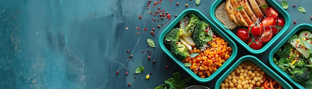 Foto una vista de cerca de las cajas de almuerzo con comidas bajas en carbohidratos se centra en verduras coloridas y proteínas magras contra una mesa azul azul contemporánea silenciada que proporciona una amplia panorámica