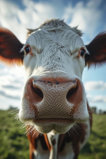 Foto una vista de cerca de la cara de una vaca en un campo esta imagen se puede utilizar para varios propósitos, como ilustrar la vida agrícola o mostrar la belleza de la naturaleza