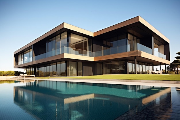 Vista de cerca de una casa lujosa moderna con piscina