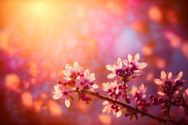 Vista de cerca de cerezo en flor o sakura con enfoque selectivo bokeh y arte generado por red neuronal de luz artística