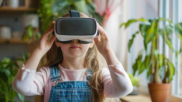 Foto vista de cerca de una chica absorta en la realidad virtual en casa