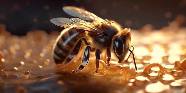 Vista de cerca de una colmena de abejas en un panal con copyspace Las abejas producen miel fresca y saludable Concepto de apicultura Estilo 3D Ai generativo