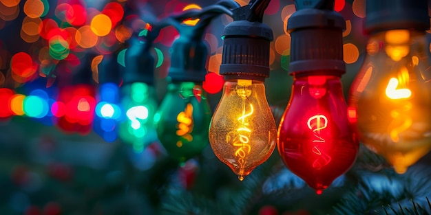 Una vista de cerca de las coloridas bombillas navideñas que irradian un resplandor festivo que da vida al espíritu navideño