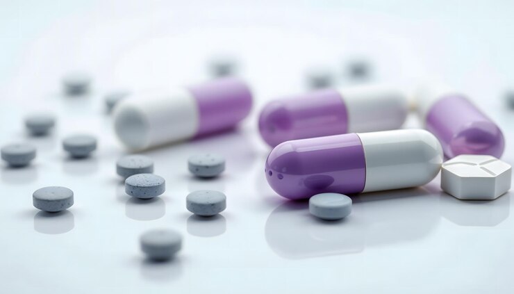 Una vista de cerca de las coloridas pastillas y cápsulas esparcidas en una superficie blanca