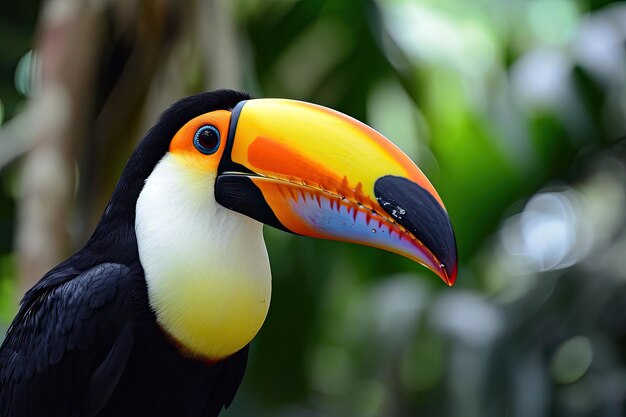 Foto vista de cerca de un colorido pájaro tucano en la jungla