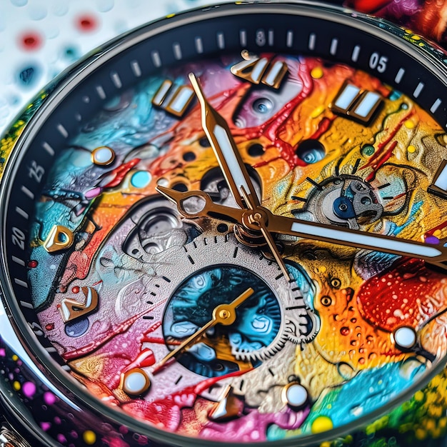 Vista de cerca del colorido reloj de mano Generativo ai