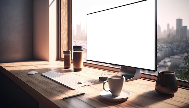 Vista de cerca de una computadora de escritorio simulada con papelería en una mesa de madera con iluminación al atardecer IA generativa