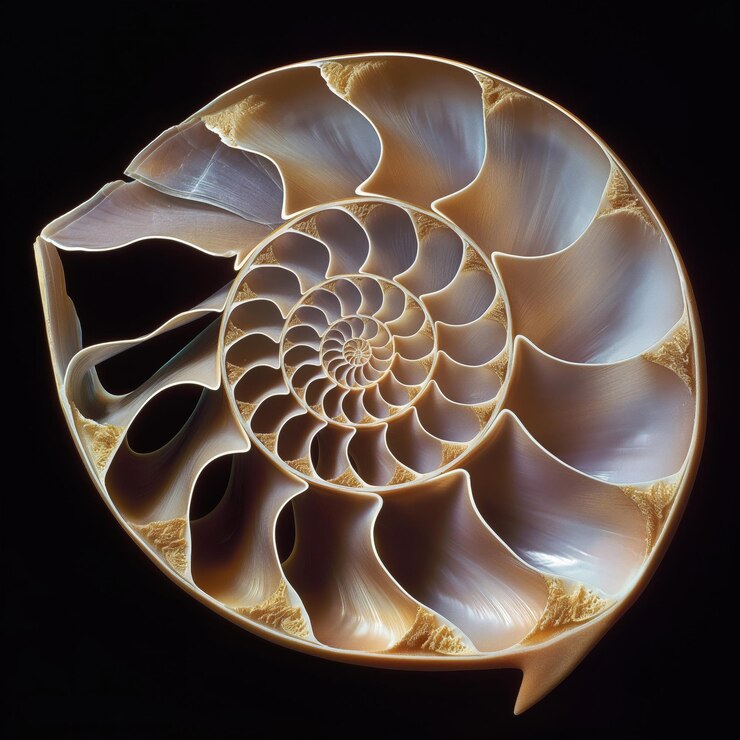 Foto vista de cerca de una concha que revela la proporción de oro y los números de fibonacci presentes en su forma