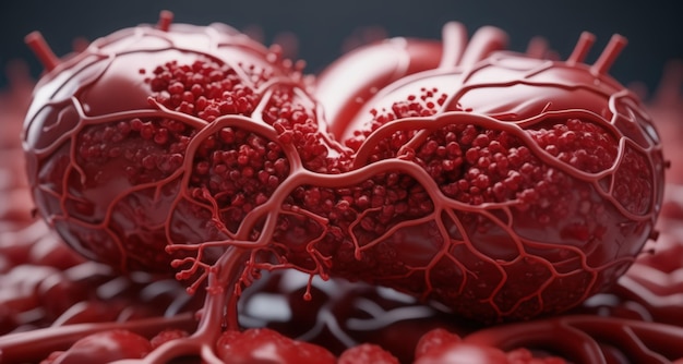 Una vista de cerca de un corazón con su intrincada red de vasos sanguíneos