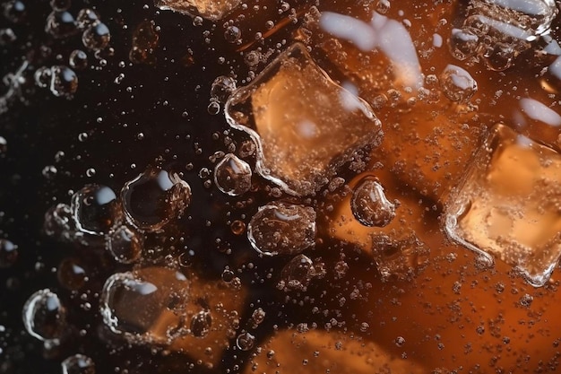 Foto vista de cerca de los cubitos de hielo en cola oscura fondo textura de refrigeración dulce bebida de verano con