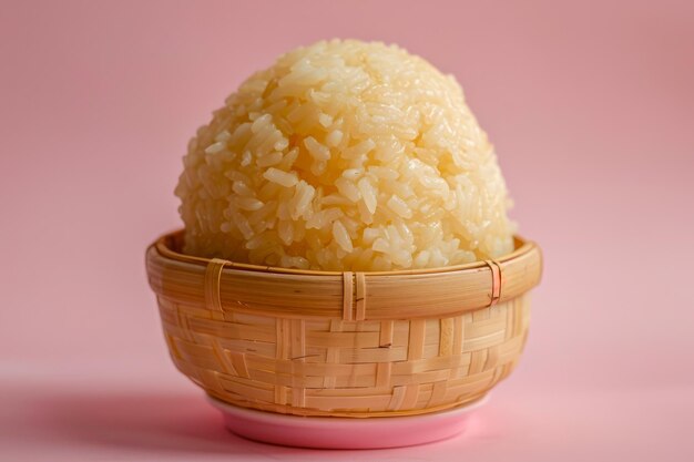 Vista de cerca de una cuchara de arroz amarillo perfectamente cocido al vapor servida en un tradicional cuenco de bambú en rosa