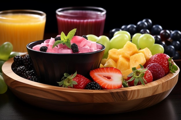 Vista de cerca de un delicioso bocadillo que incluye frutas y alimentos en una bandeja marrón sobre fondo de hielo