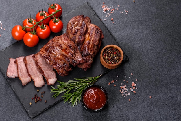 Vista de cerca de deliciosos medallones de carne a la parrilla servidos en la mesa