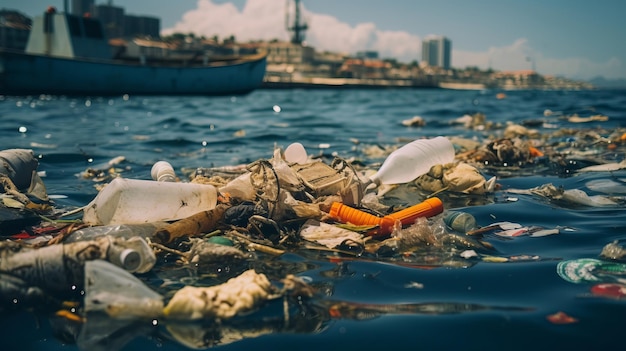 Vista de cerca de los desechos plásticos y la contaminación en el mar