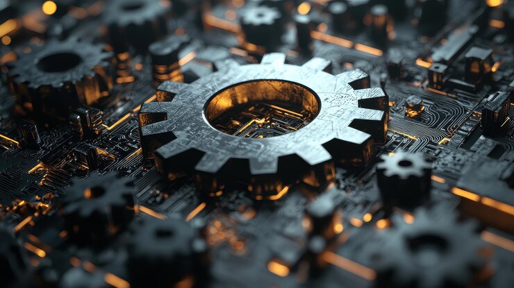 Una vista de cerca de un engranaje metálico en una placa de circuitos que muestra detalles intrincados y un efecto brillante que evoca una sensación de tecnología e innovación